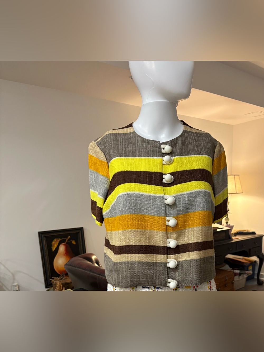 Sears Vintage Striped Short-Sleeve Cropped Linen Blazer